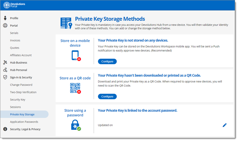 Private Key Storage Methods – Password Method Configured
