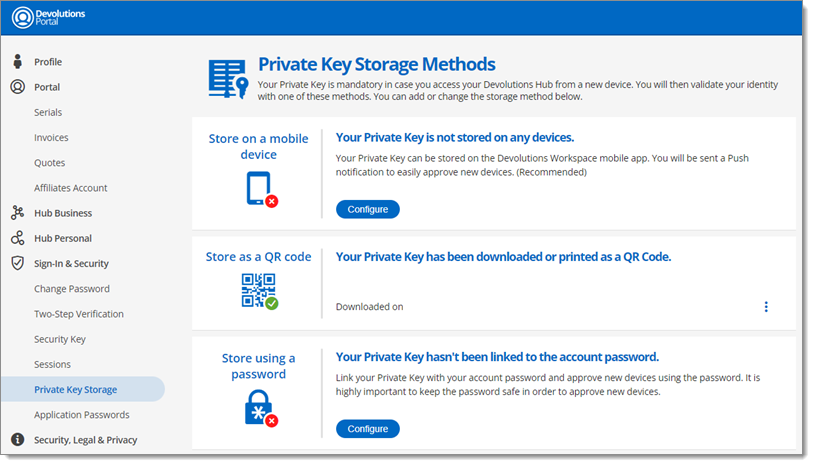 Private Key Storage Methods – QR Code Method Configured