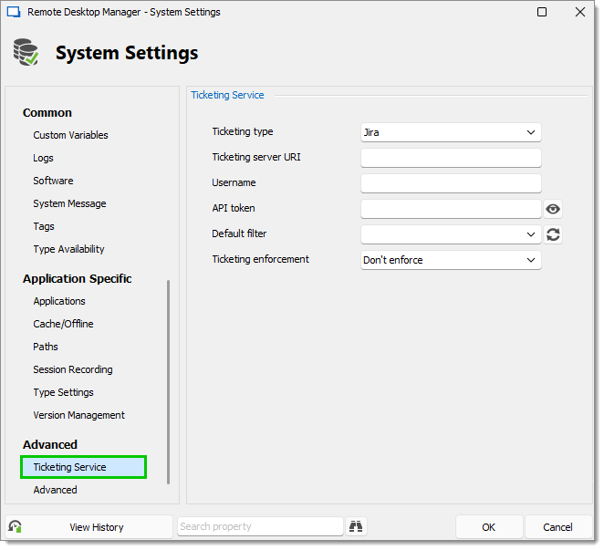 Administration – System Settings – Advanced – Ticketing Service