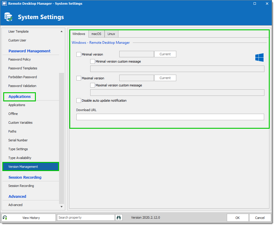 System Settings - Application - Version Management