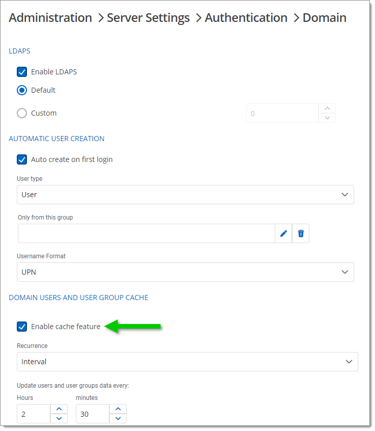 Administration – Server Settings – Authentication – Domain – Enable cache feature
