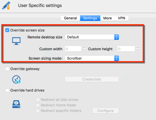 User Specfic settings - Override screen size