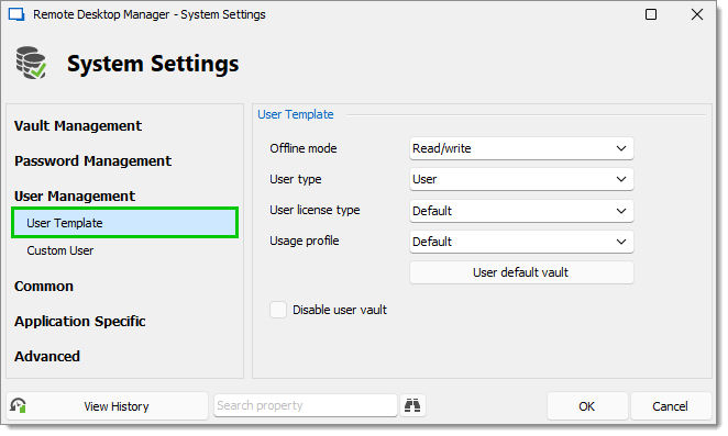 Administration – System Settings – User Management – User Template