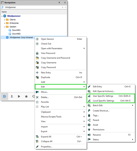 Context menu – Edit – User and Local Specific Settings