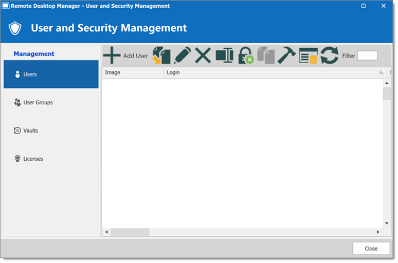User and Security Management - Toolbar