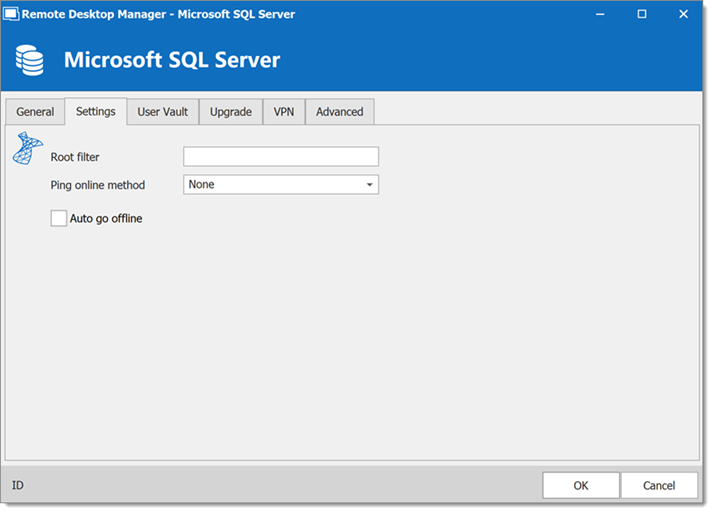 Microsoft SQL Server – Settings tab