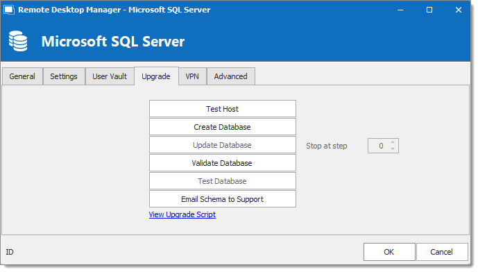 Microsoft SQL Server – Upgrade tab