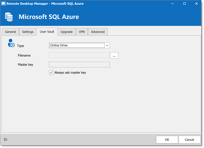 Microsoft Azure SQL – User vault tab
