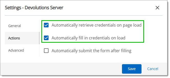 Actions – Automatically retrieve and fill in credentials on load