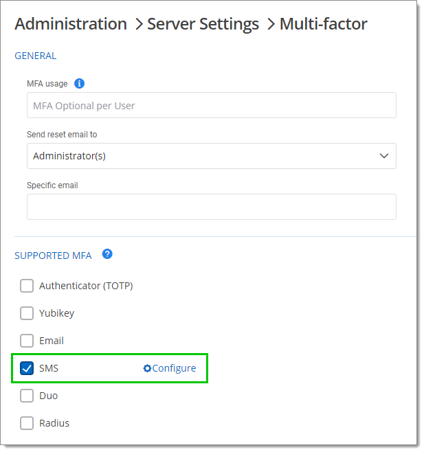 Administration – Server Settings – Multi-factor – Supported MFA – SMS