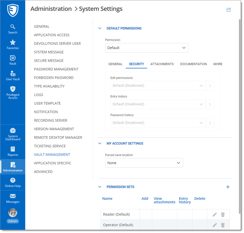 Administration – System Settings – Vault Management