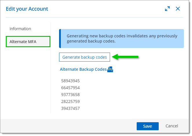 Alternate MFA – Generate backup codes