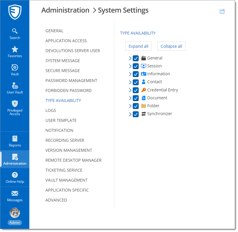 Administration – System Settings – Type Availability