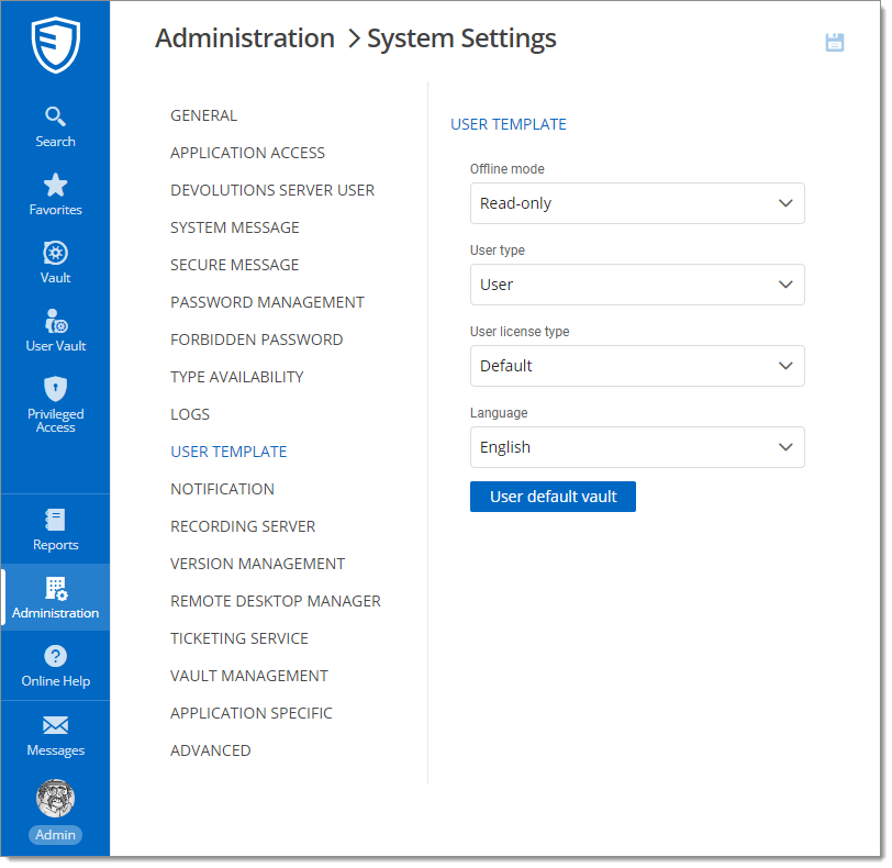 Administration – System Settings – User Template