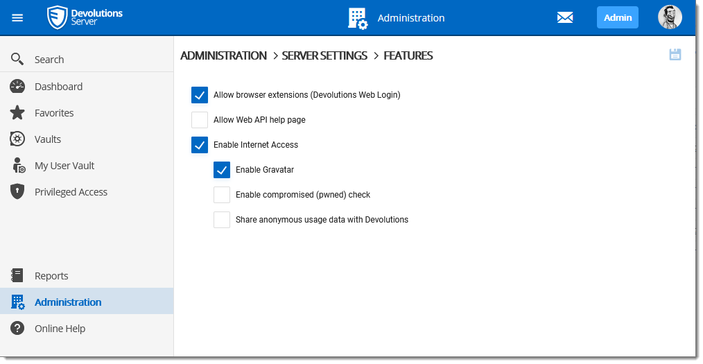 Administration - Server Settings - Features