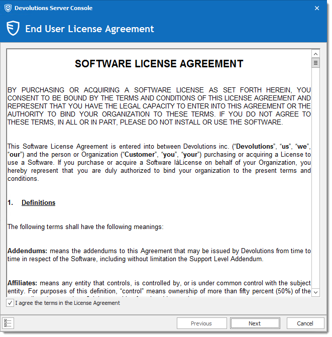 Devolutions Server License Agreement Dialog