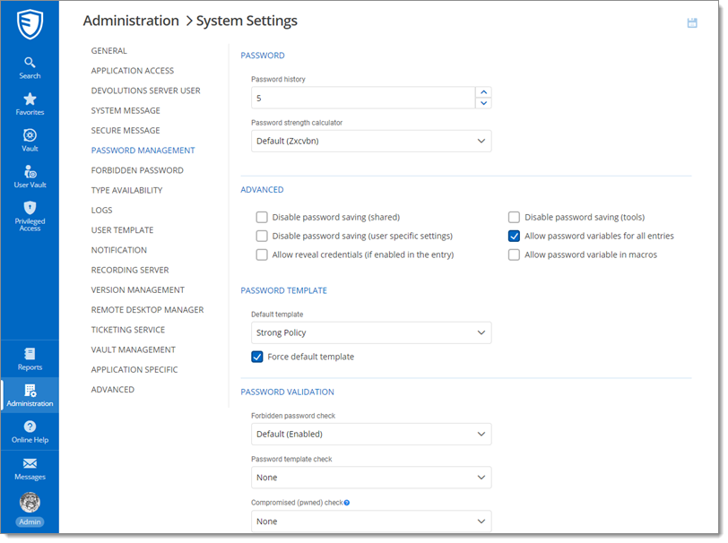 Administration – System Settings – Password Management