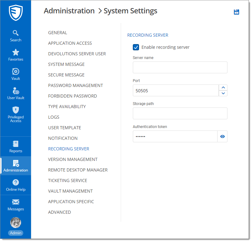 Administration – System Settings – Recording Server