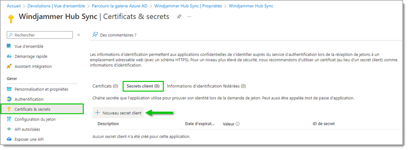 Certificats & secrets – Secrets client – Nouveau secret client