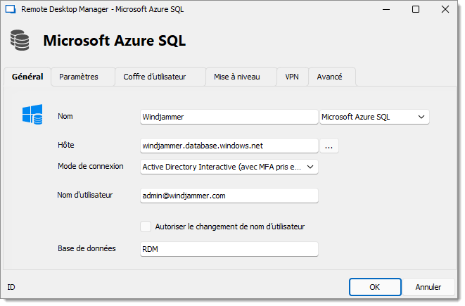 Microsoft SQL Azure avec MFA pris en charge