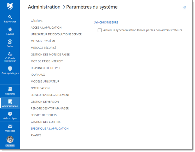Administration – Paramètres du système – Spécifique à l'application