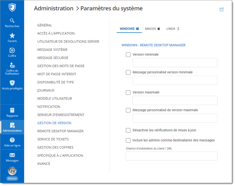 Administration – Paramètres du système – Gestion de version