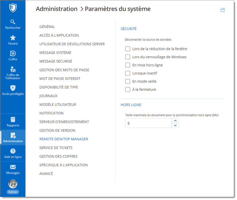Administration – Paramètres du système – Remote Desktop Manager